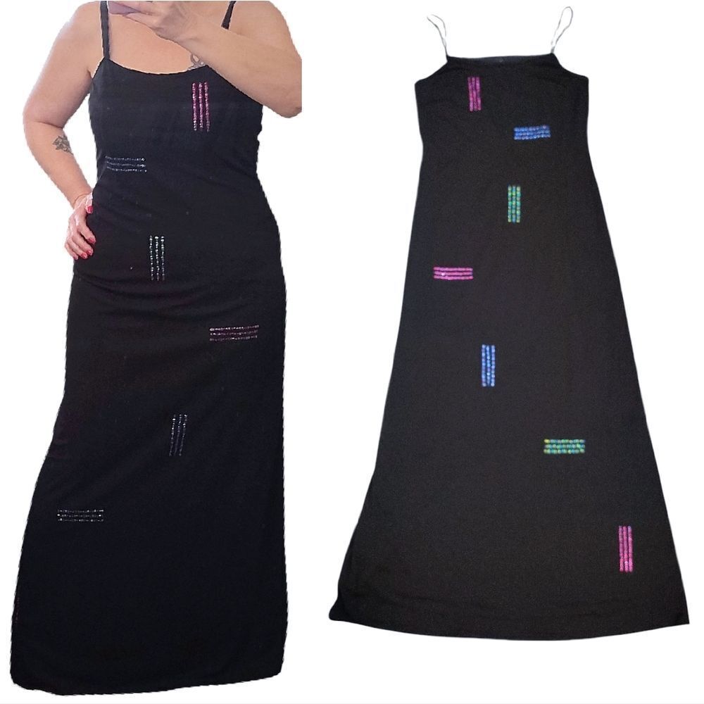 VTG 90s Rimini Black Colorful Sequins Sleeveless‎ Maxi Slip Prom Dress Size 12